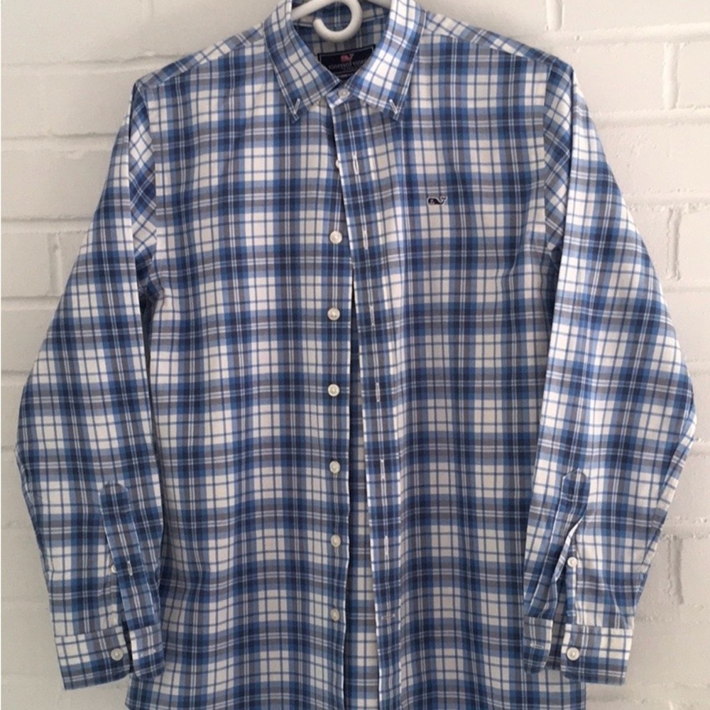Classic Boys Vineyard Vines Blue/White Plaid Buttondown Dress Shirt Size 16